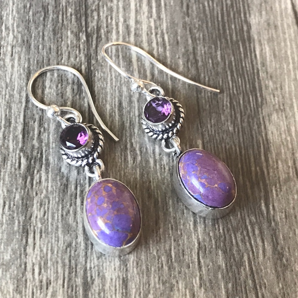 Purple Stone Drop Earrings with Amethyst Accents - Picture 2 of 5